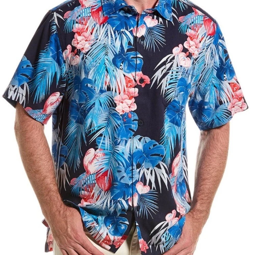 Tommy Bahama Blue and Red Leaf Print Shirt Size Small